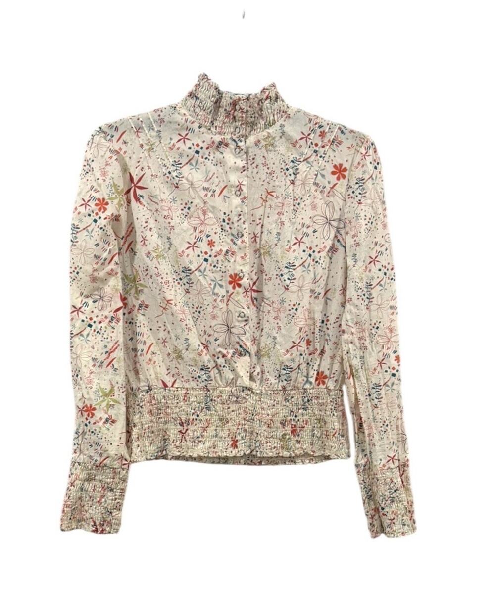 Alice + Olivia Floral Botanical Buttoned Cream Smocked VTG Blouse Whimsical- M